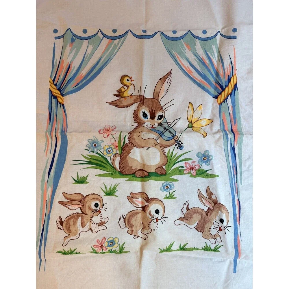Vintage Style Bunny Rabbit Quilt Top Panel Playing Violin Linen Cotton Blanket